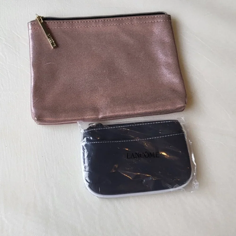 Lancôme Paris Makeup Bag Metallic Pink w Black Pouch Lot of 2